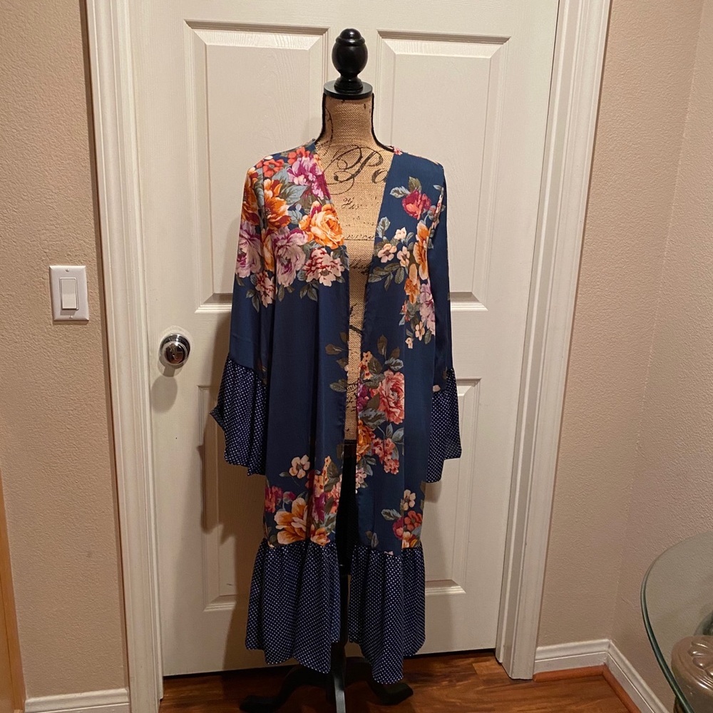 Dark teal  floral print kimono - Picture 2 of 7